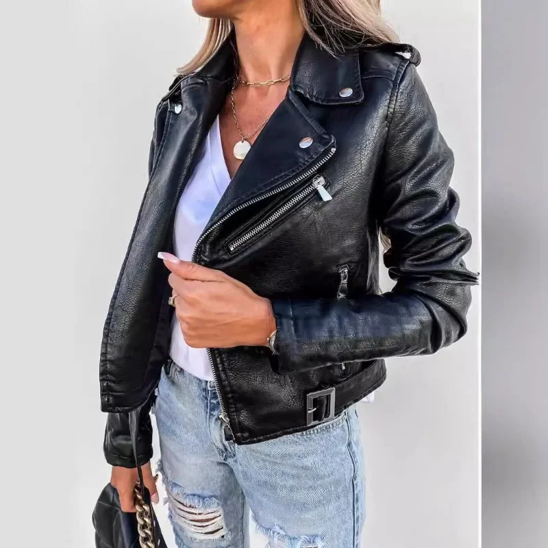 2024 New Women\'s Leather Jacket PU Leather Jacket Motorcycle Short Zipper