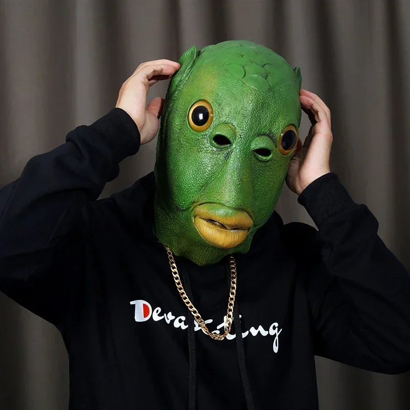 Weird Green Fish Mask Latex Green Fish Headgear Party Horror Spoof Funny Mask Cosplay Halloween Event Cosplay Props