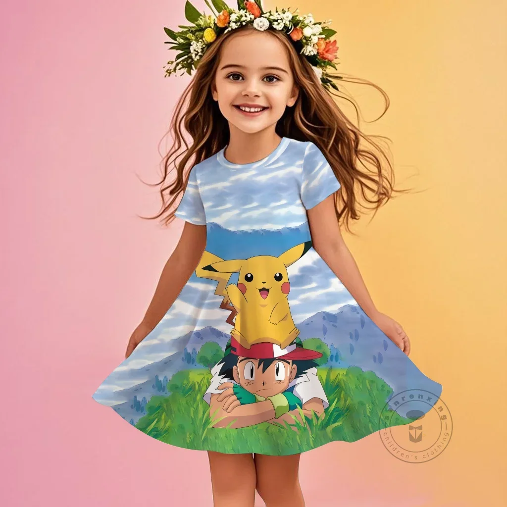 

Pokemon Pikachu 3D Print Girls Dress Short Sleeve Round Neck Summer And Fall Kawaii Cute Wear Children 3-14 Years Cool