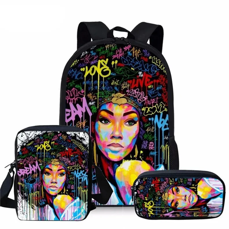 3d print harajuku backpack for girl,3pcs/set,popular,african girl,school backpack,laptop,backpack,shoulder bag,case