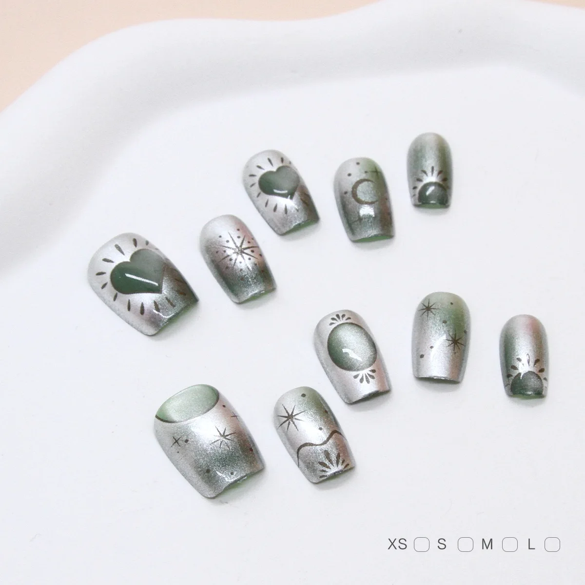 10 Stuks Ster Cat Eye Liefde Kunstnagels Art Met Jelly Lijm Ontwerp Korte Vierkante Franse Nep Nagels Herbruikbare Afgewerkt druk op Tips