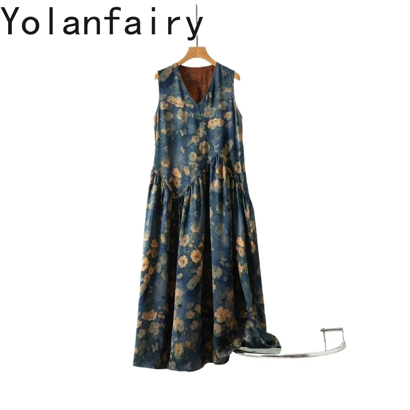 

YOLANFAIRY Blue Rose Real Silk Watered Gauze Woman Dress Luxury 100% Mulberry Silk Dresses Elegant Sleeveless Long Dress Holiday