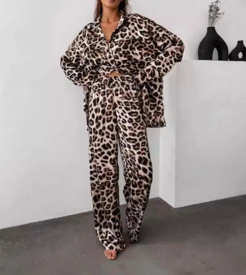 Elegant 2-Piece Sets for Women Leopard Print Loose Collar Shirt Long Sleeved Top Loose Wide Leg Pants Versatile Casual Pants Set