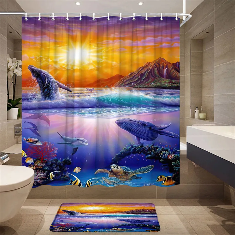 Underwater Sunset View Shower Curtains 3D Printed Dreamy Sea Animals Dolphin Fabric Polyester Home Bathroom Decor Set With Hooks