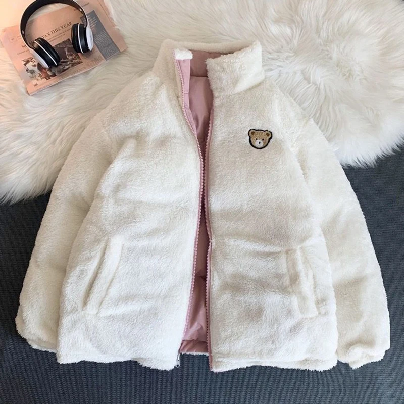 Cute Embroidery Women Parkas Coat Winter Thick Hairy Korean Loose Warm Jacket For Women Double Sided Design Pink Student Clothes