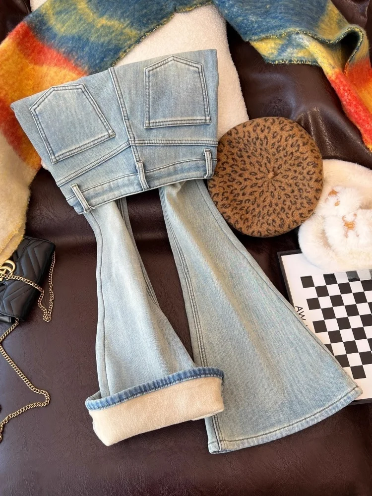 

Fce Lined Thiened High Waist Bell Bot Jeans Женские осенне-зимние утягивающие джинсовые брюки больших размеров American Sle Casua...