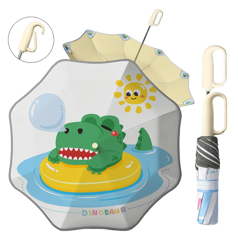 Anti-Rebound Kids Umbrella Cute Crocodile Folding Umbrella with Carabiner Ring & Rounded Tips UPF 50+ Rain Umbrella for Students
