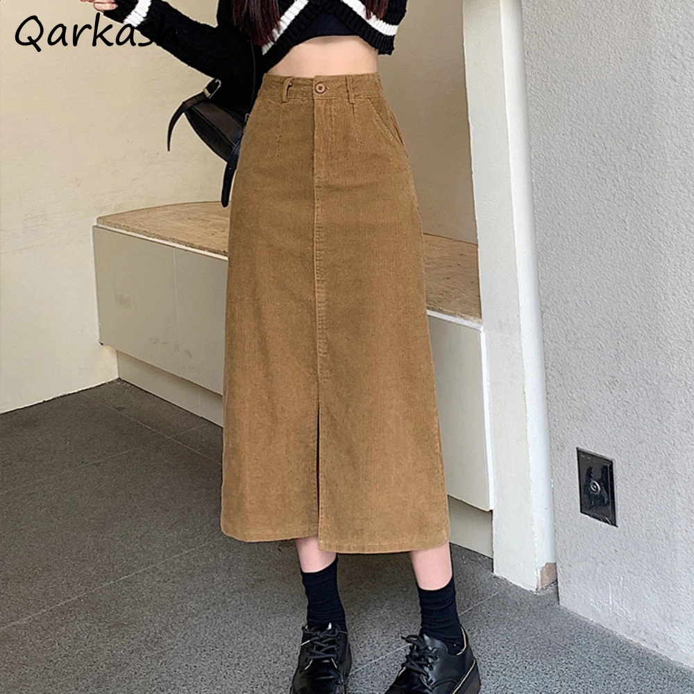 Simple Vintage Front-slit Pockets French Style Corduroy FairyShely 2023 Women Midi Skirts Black Khaki Office Lady All-match New