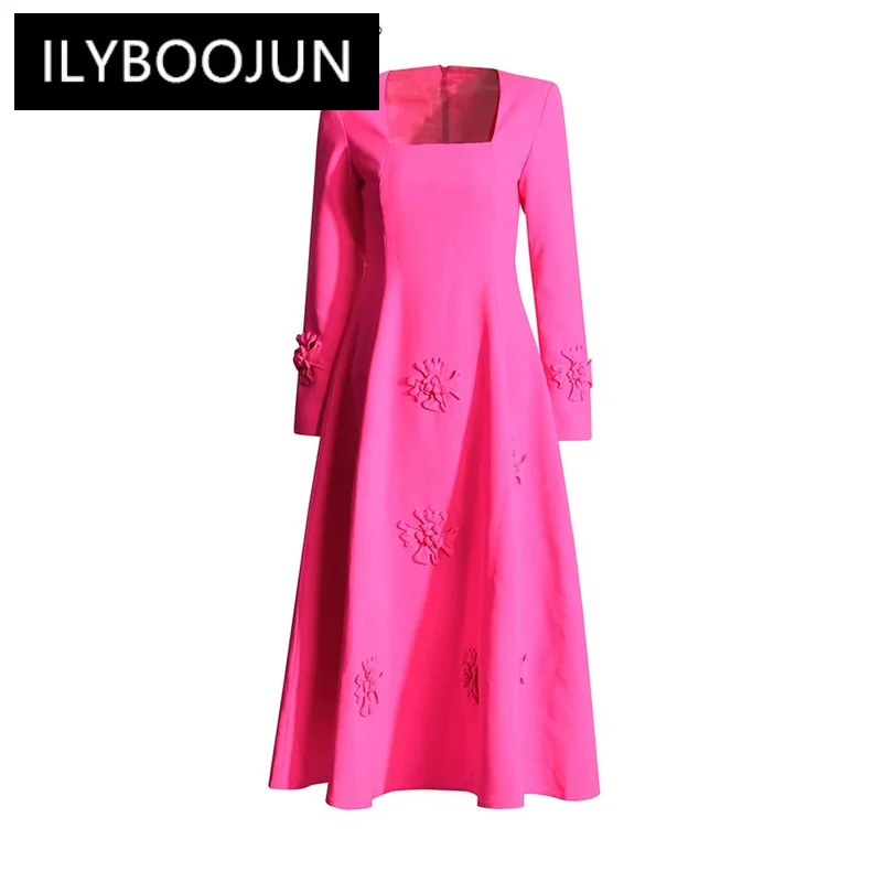 

ILYBOOJUN Solid Spliced Appliques Elegant Dresses For Women Square Collar Long Sleeve High Waist Temperament Dress Female New