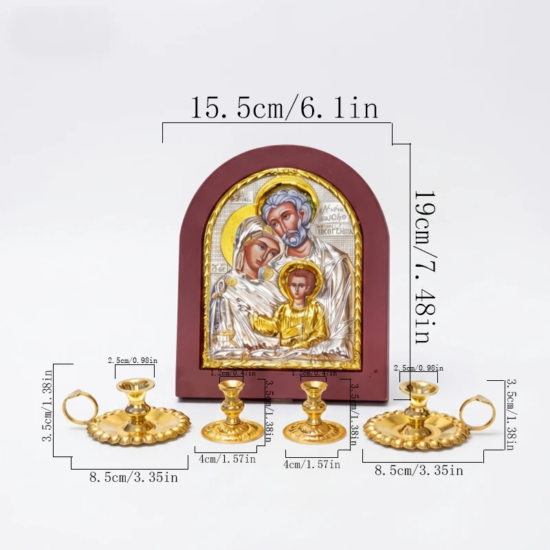 

Vintage Holy Family Orthodox Icon with Gold Silver Candle Holder Set Religious Gifts for Home Altar Church Prayer Decor Accessor