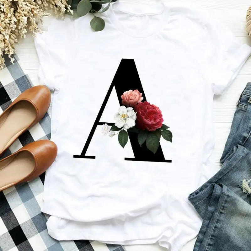 Custom Name Letter Combination Women\'s High Quality Print T-shirt Flower Letter Font A B C D E F G Short Sleeve  Female Tshirt