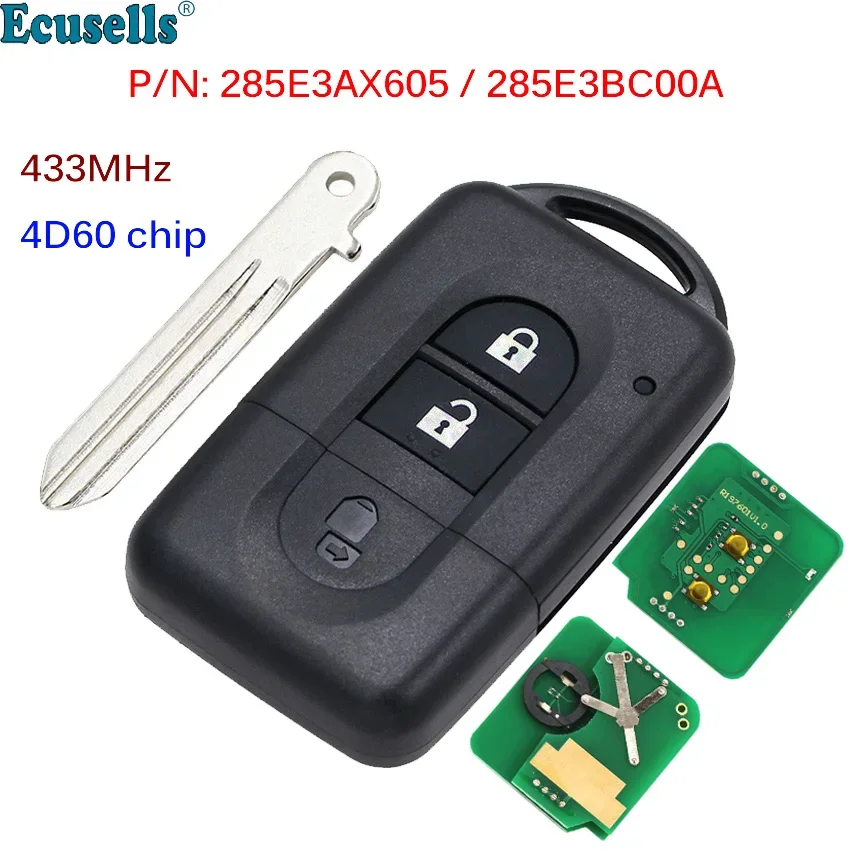 2 Buttons Flip Remote Car Key Fob 433MHz 4D60 Chip for Nissan Juke Navara Micra Xtrail Qashqai P/N: 285E3AX605 / 285E3BC00A