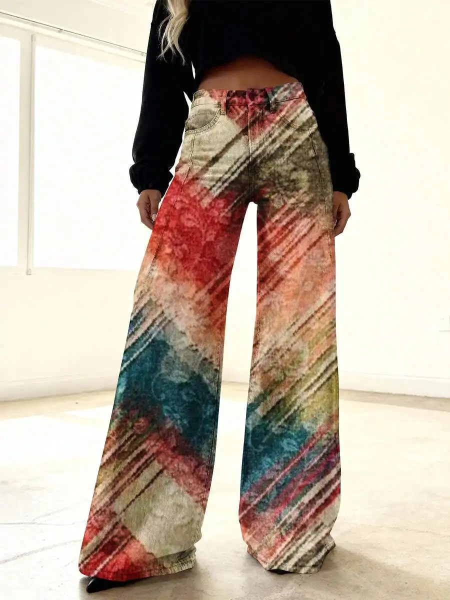 

Women Vintage High-Waisted Wide Leg Printed Jeans Pants Button Fly Casual Trousers