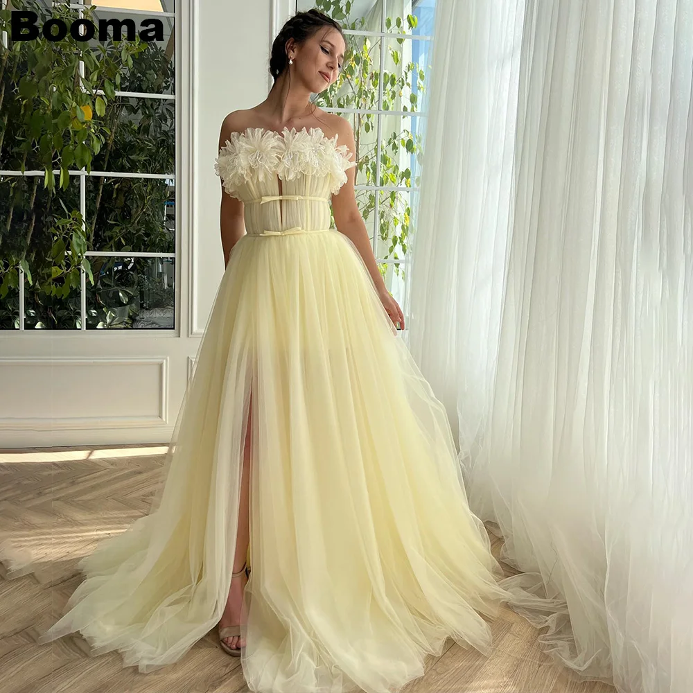 Booma Light Yellow A Line Prom Dresses Strapless Leg Slit Tulle Party Evening Dresses Simple Elegant Formal Dress for Women 2023