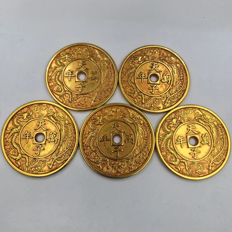 

Antique Crafts Copper Coin 6cm Emperor's Eternal Dragon and Phoenix Five Emperors Coin Gilded Crafts Ornament
