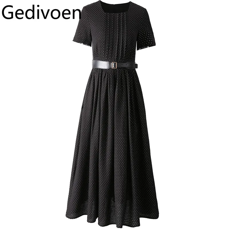 

Gedivoen Summer New Style Fashion Designer Women's Dress Square-Neck Short-Sleeved Lace-UP Slim Cotton Party Long Dresses