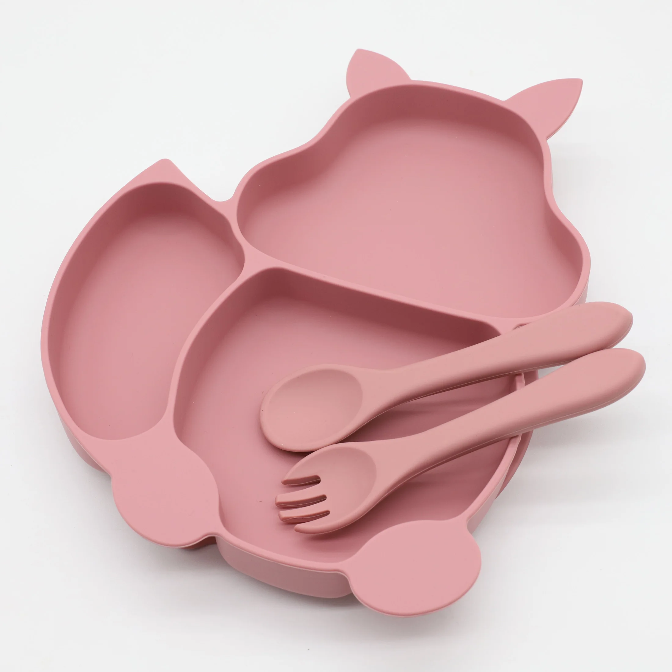 실리콘 다람쥐 저녁 식사 접시, 강한 흡입 실리콘 스푼 포크 커트레이 세트, 아기 보완 식품 도구, 3 개