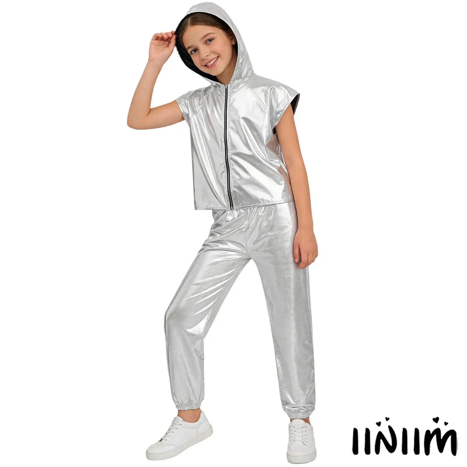 

Shiny Hooded Jazz Street Dance Vest And Pants Set for Girls Sleeveless Metallic Design Front Zipper Tops and Elastic Waist Pants