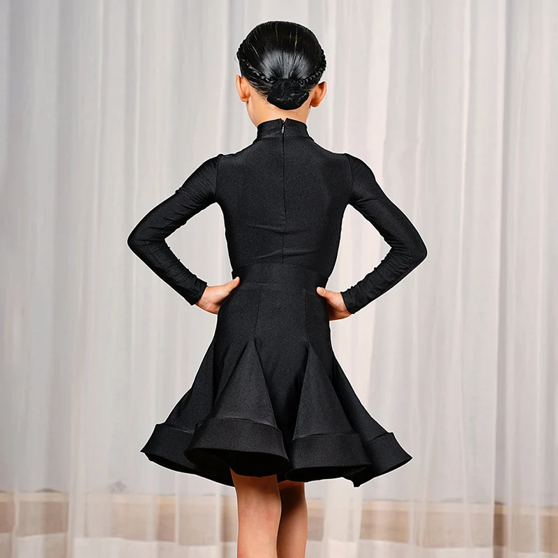 2025 Vestito da ballo latino Ragazze Concorso Abbigliamento Manica lunga Vestito da ballo nero Professionale Performance latina Stage Wear VBH2179