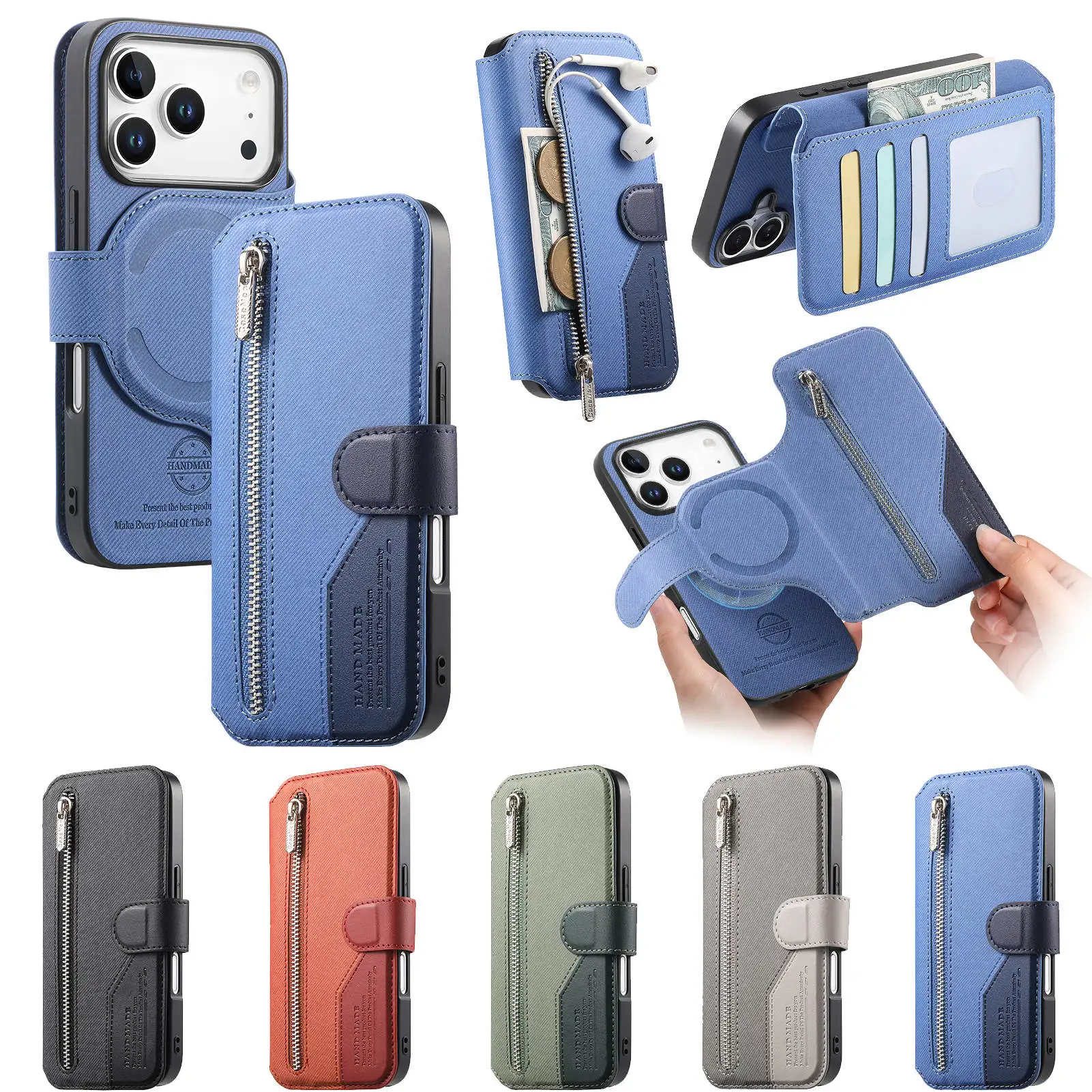 Etui skórzane 2 w 1 z odpinanym magnetycznym zamkiem i przegródkami na karty do iPhone 18 Pro Max 17 16 15 14 13 12, etui z klapką i kieszeniami — zdjęcie produktu 2