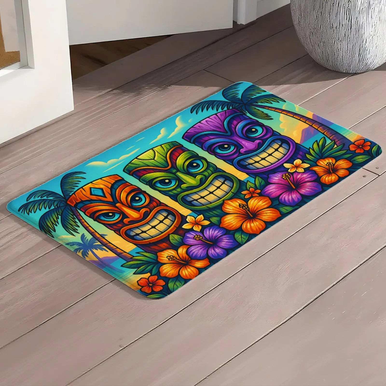 1pc Door Mat, Halloween Welcome Door Mat, Front Door Flannel Mat, Home Decor for Front Door, Kitchen, Bathroom Tiki Faces Flow