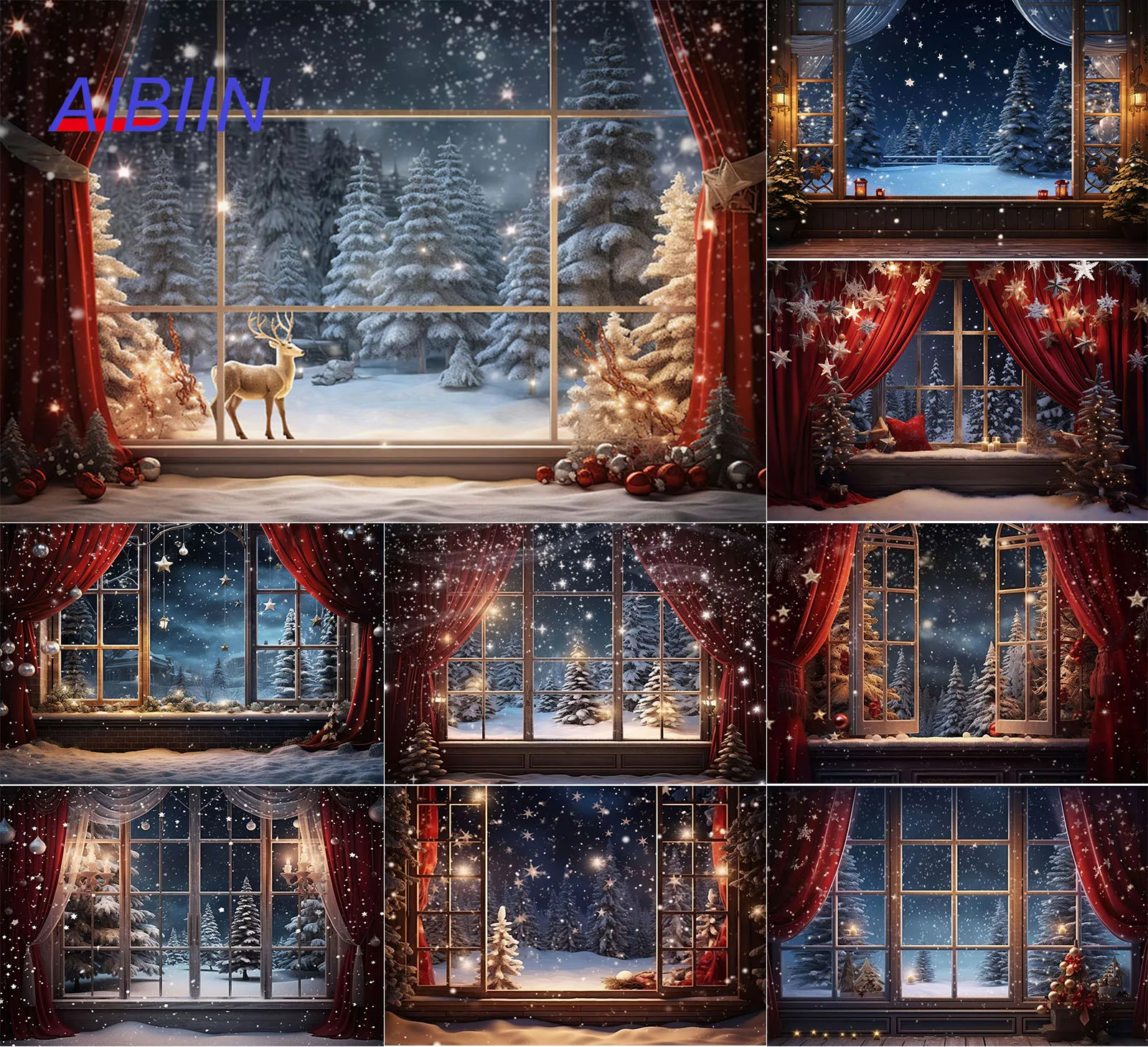 

Winter Christmas Photography Backdrop Window Curtain Snow Forest Scene Xmas Tree Festival Kids Portrait Party Decor Background