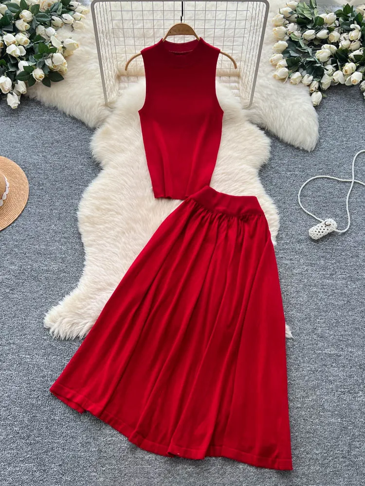 

Красная трикотажная макси-юбка с высокой талией и топ, женский модный осенний наряд, круглый костюм из двух предметов, костюм для поездок на работу