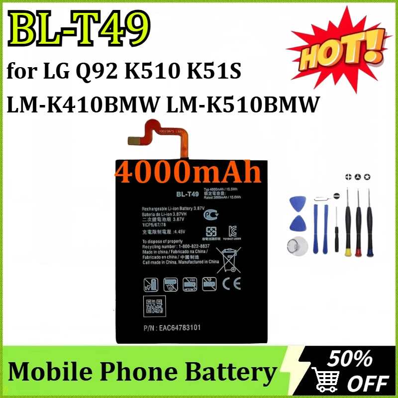 

Новый обновленный аккумулятор BL-T49 4000 мАч для LG Q92 K510 K51S LM-K410BMW LM-K510BMW LM-K510HM, аккумулятор для мобильного телефона + инструменты