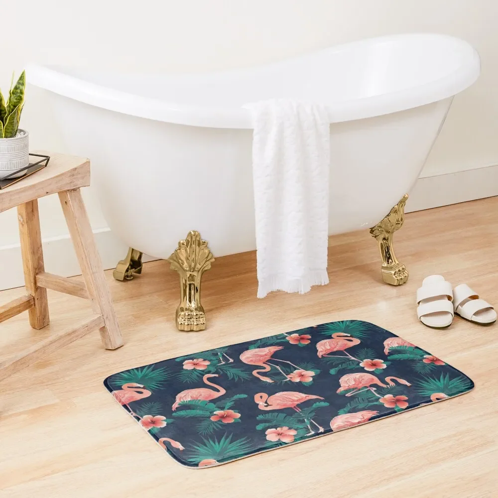 

Flamingo Hibiscus Tropical Leaves Bath Mat Bathroom Shower Bathroom Rug Set Mat