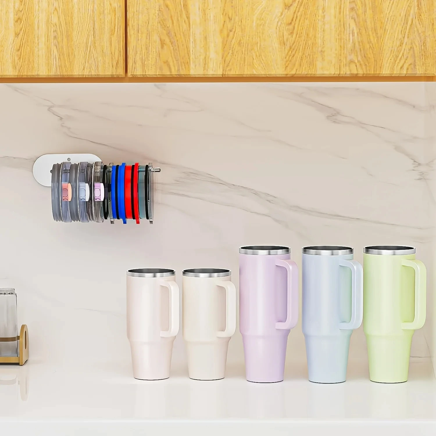 Tumbler Lid Organizer Hook Under Cabinet Cup Lid Organizer Inside Cabinet Self-Adhesive Under-Cabinet Mount Steel Lid Holder Cup