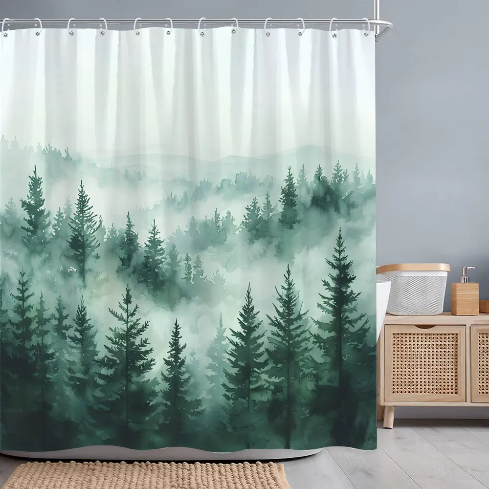 Misty Forest Shower Curtain Dreamy Rainforest Watercolour Print Polyester Fabric Shower Curtains Bathroom Decoration with Hooks