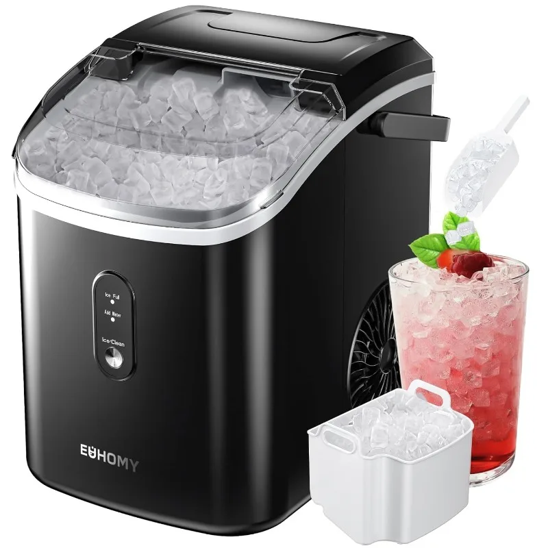 EUHOMY Nugget Ice Maker Countertop with Handle, Removable Top Cover, Auto-Cleaning, Portable Sonic Ice Maker with Scoop(Black)