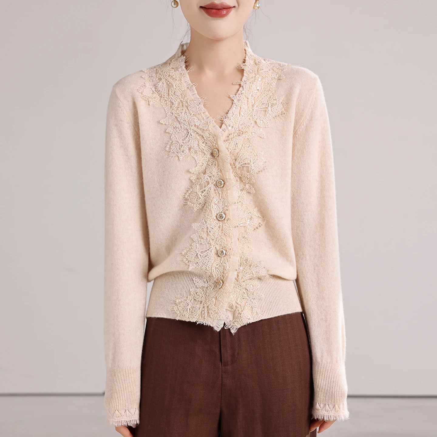 Autumn Winter Women's 100% Merino Wool Sweater V Neck Scalloped Lace Panel Graceful Refined Cardigan Sweater Knit Outerwear