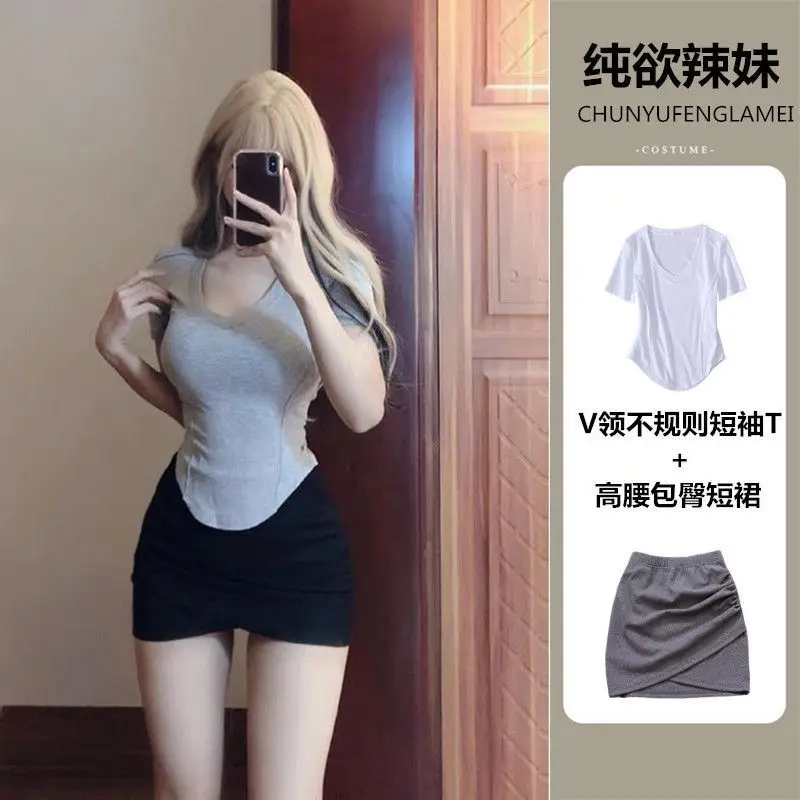 2024 Women\'s 2-piece Solid Color Irregular V-neck Short T-shirt Slim Fit Spicy Girl Wrap Hip Skirt Summer Sexy Women\'s Clothing