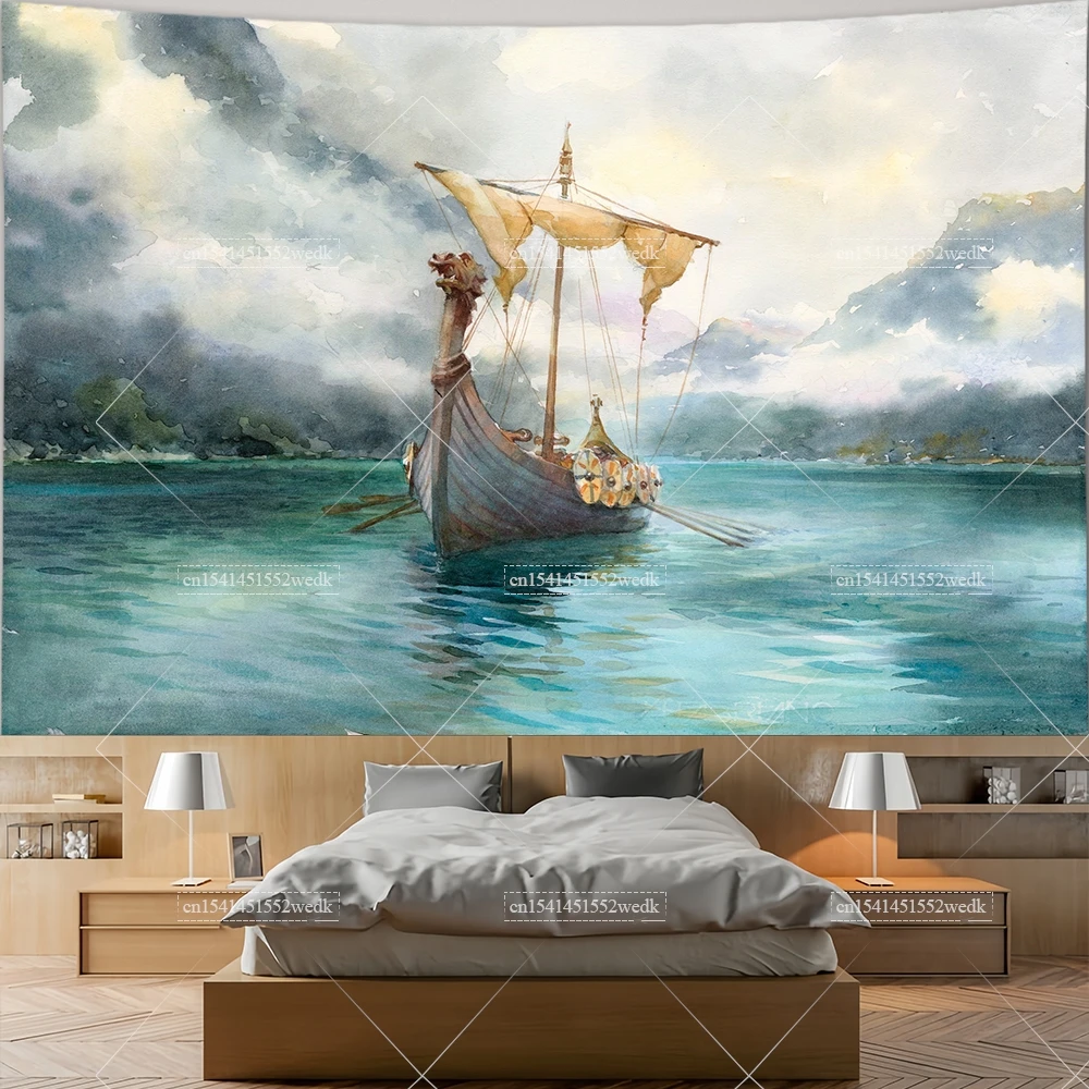 Viking Longship Tapestry Ancient Nordic Runes Wall Hanging Sea Landscape Tapestrys Room Decor Aesthetic College Dorm Wallpapers view 3