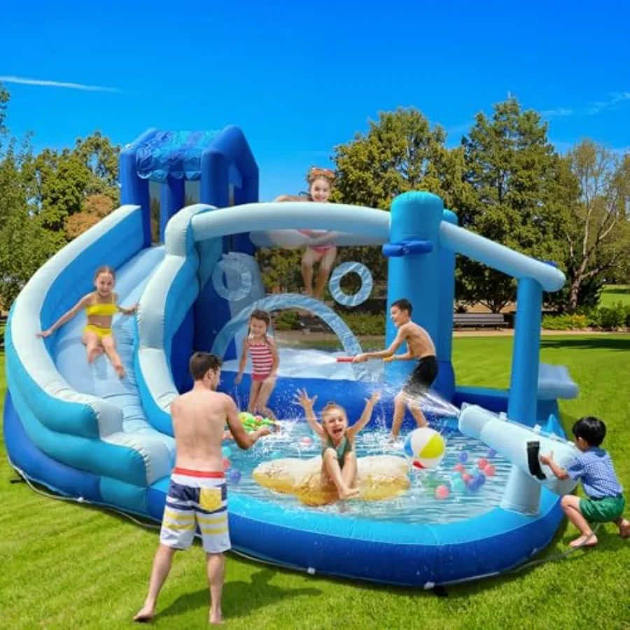 

Inflatable Bounce House Water Slide 7in1 Park with Water Cannon Climbing Wall Basketball Hood Sunshade House and Large Splash P