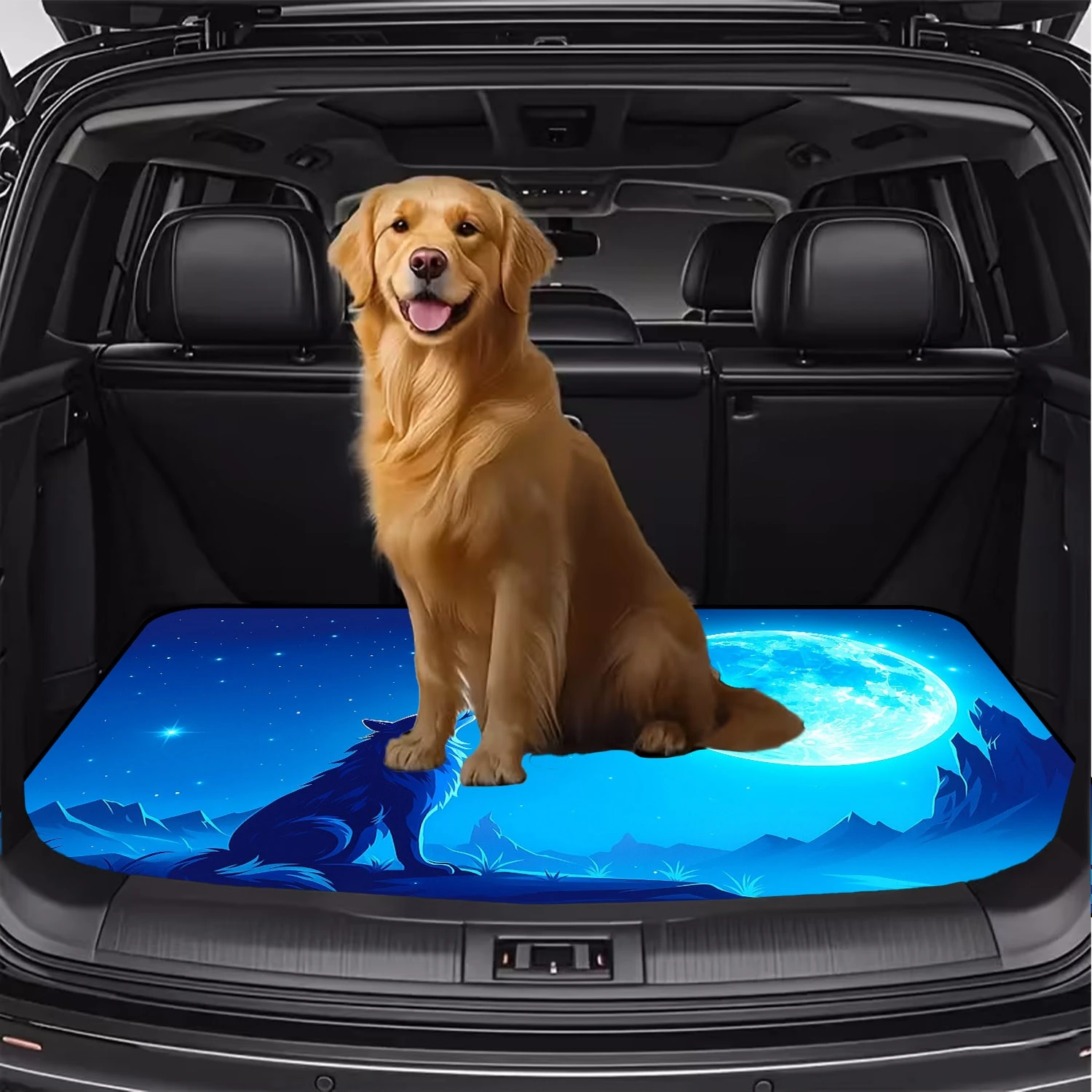 1pc Wolf And Blue Moon Under The Night Sky Pattern - Car Trunk Mat, An Essential Travel Accessory, Fit For Various Vehicle Mode