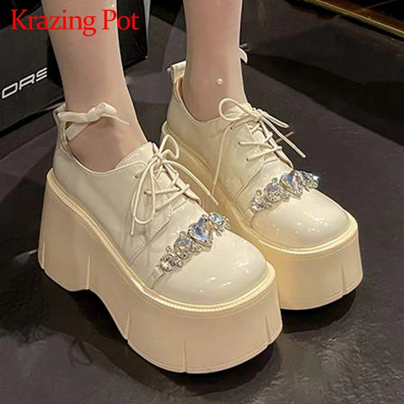 

Krazing Pot Hot Selling Cow Leather Modern Shoes Platform Super Thick High Heel Design Crystal Decorations Lace-up Fashion Pumps