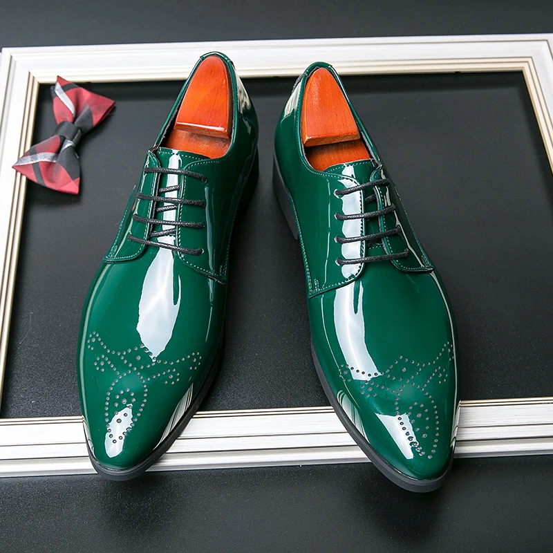 Luxury Brand Genuine Leather Green block Shoes Men Breathable Lace Up Pointed Toe Formal Dress Shoes Party Office high quality