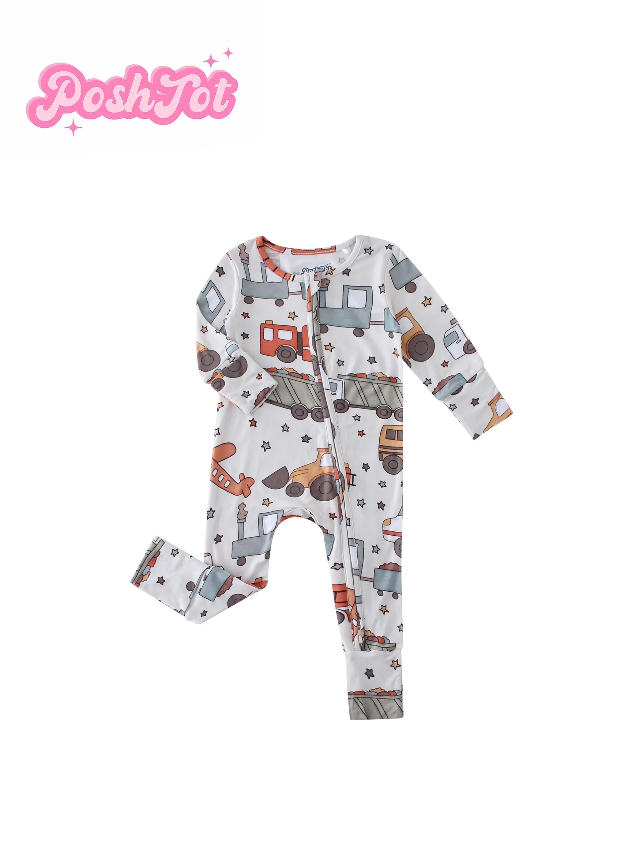 

POSHTOT toy car printed bamboo fiber baby long sleeve.Baby pajamas two-way zipper 0-2 years romper. Baby jumpsuit.