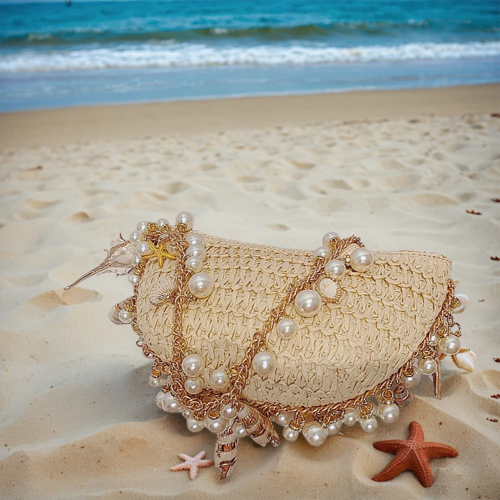 

Женская сумка-раковина с жемчужной цепочкой, праздничная пляжная сумка ручной работы, модная сумка на плечо с бисером, вечерние сумки на плечо