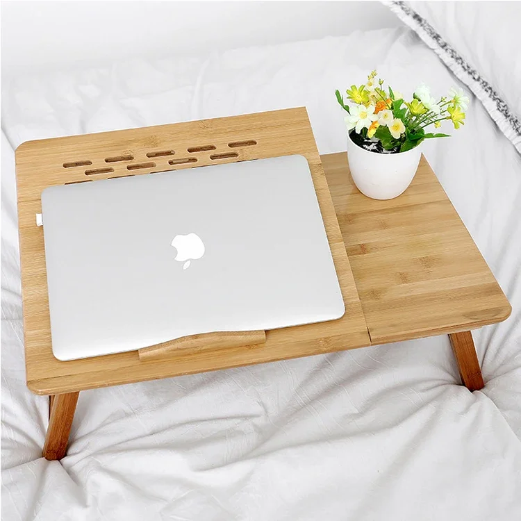 Escritorio ajustable para ordenador portátil 100% de bambú con ventilador USB, cama de servicio de desayuno plegable, bandeja con cajones