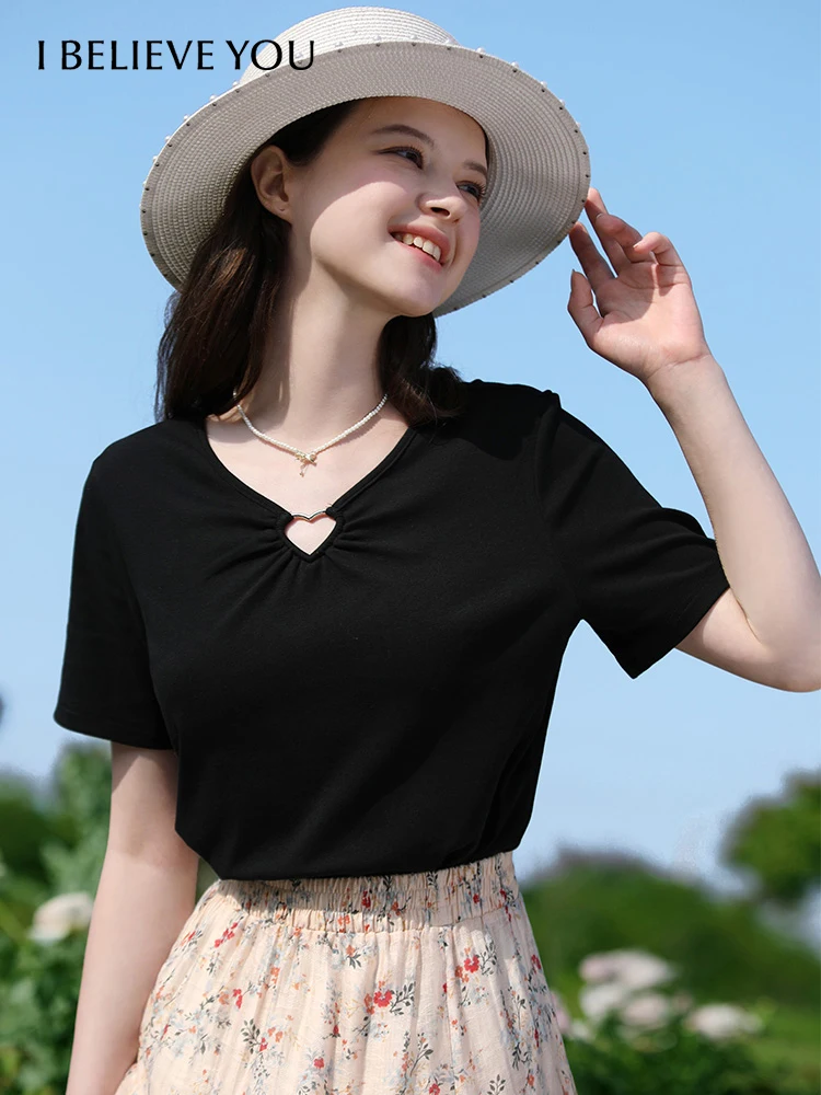 I BELIEVE YOU Women Black T-Shirts V-neck Hollow Out Slim Short-sleeve Female 2024 Summer New Chic Fashion Solid Tops 2242015628