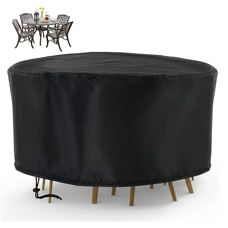 Waterproof Round Patio Furniture Cover - UV & Wind Resistant, Dustproof Outdoor Table and Chair Set Protector, Black, Rain, Snow