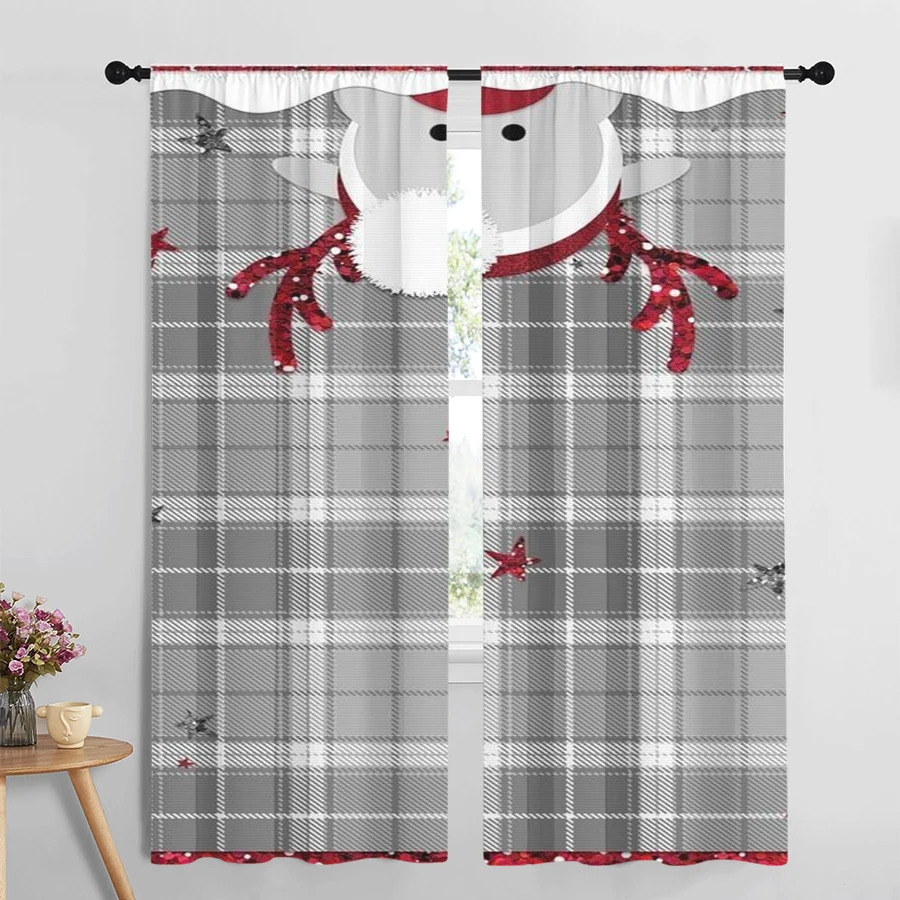 2PCS Gray Plaid Christmas Reindeer Curtains, Upside Down Deer Head Red Stars Winter Holiday Window Drapes for Bedroom Decor