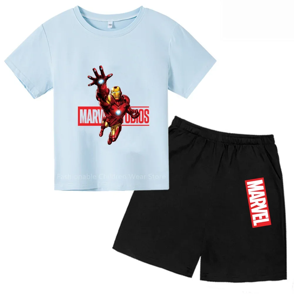 Trendy Marvel Avengers Q-Edition Iron Man Cartoon Print Kids' T-shirt and Shorts - Stylish & Cool for Summer Outings