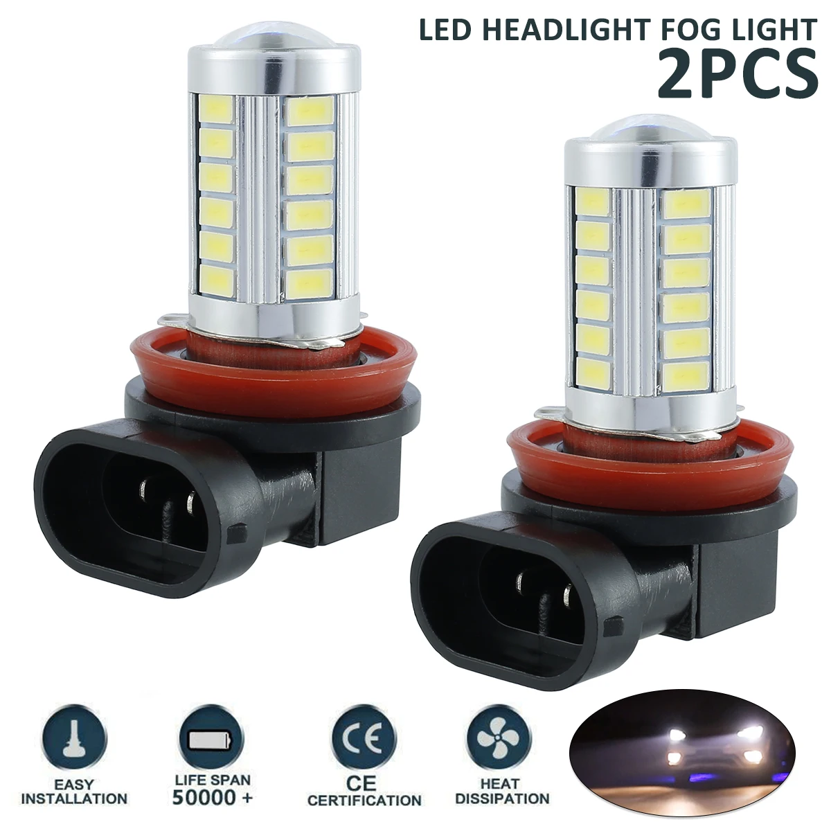 2PCS H8/H11 LED Fog Light Bulbs 5630 660LM 6000K White Car Driving Running Lamp Auto LED Light 12V Plug and Play Car Replacement