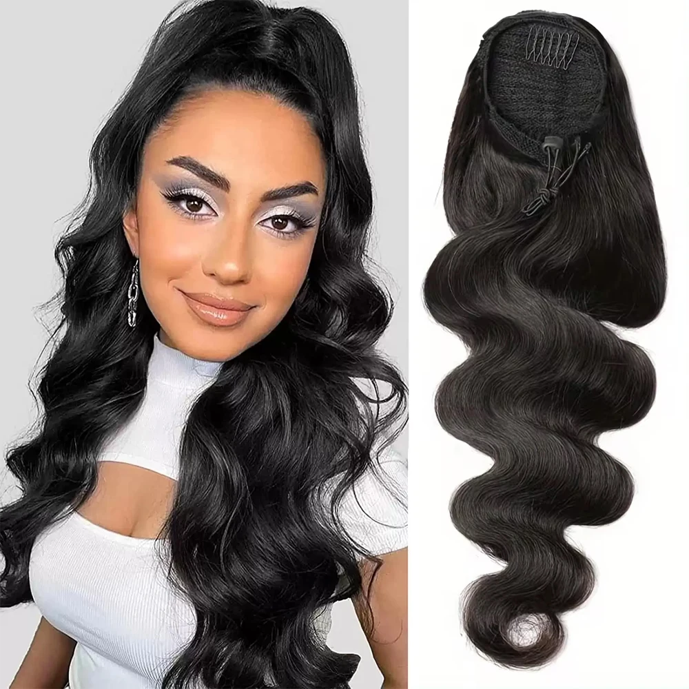 Body Wave Ponytail Human Hair Brazilian 100% Remy Human Hair Ponytail With Drawstring Clip Hair Extensions Natural Color 26 Inch