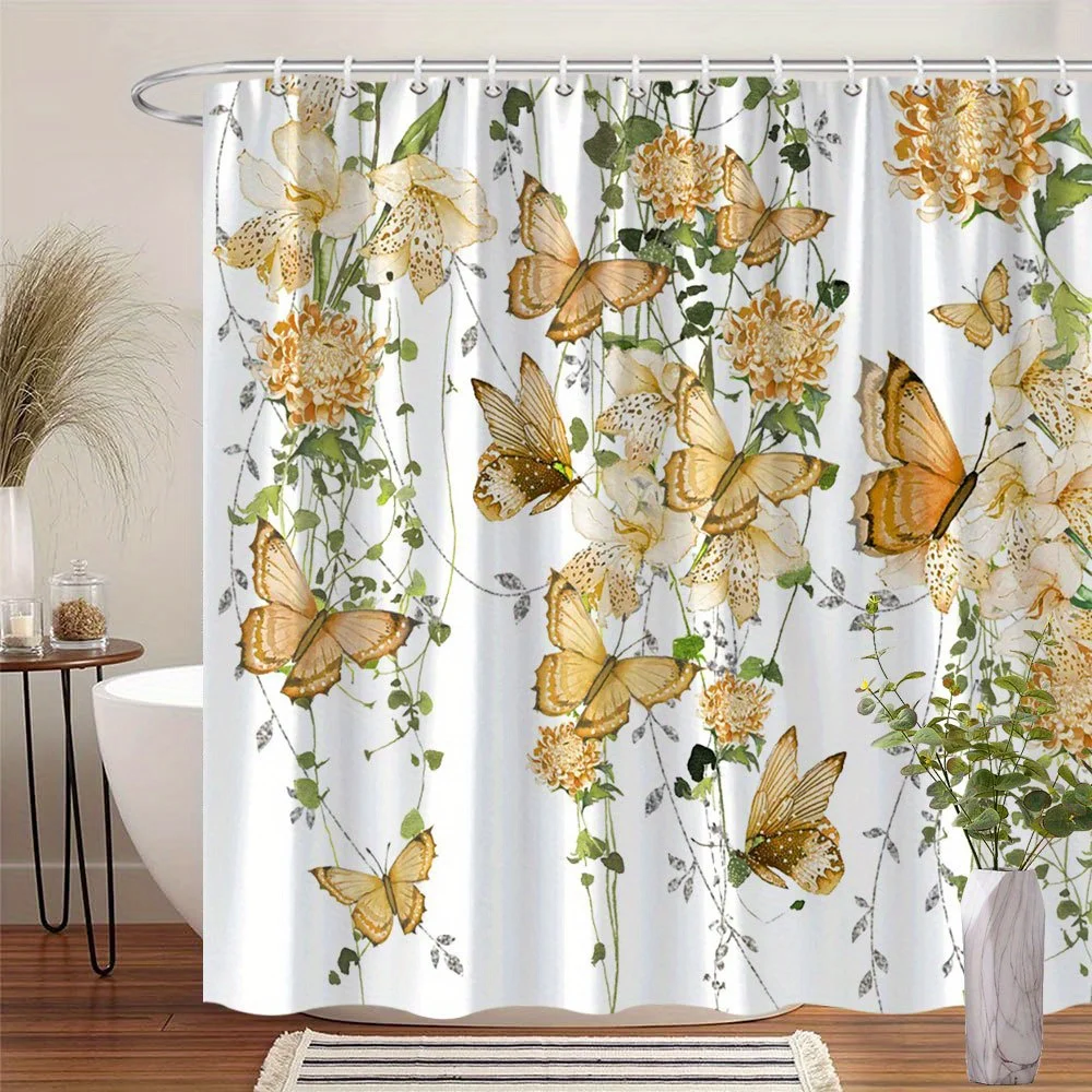 

1 Yellow Butterfly and Light Yellow Flower Shower Curtain - with Green Vines, Polyester Fabric, with Hooks, Machine Washable