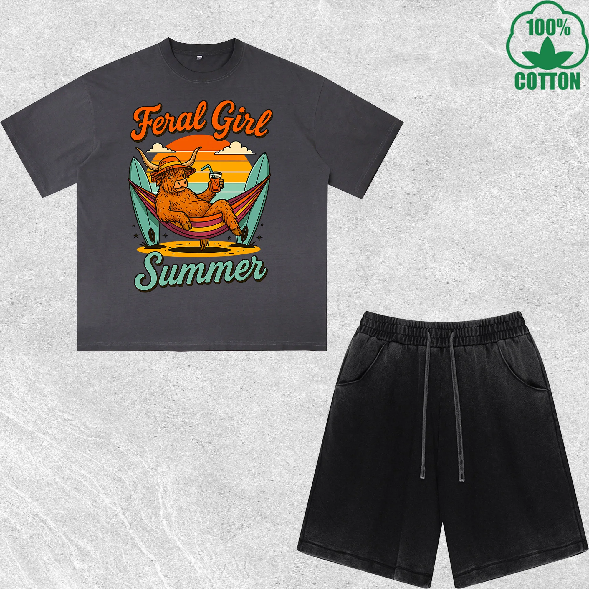 

Feral Girl Summer Printed Dirty Wash T-Shirt Shorts Set Multicolor Combo Loose Trendy Fashionable 100%Cotton